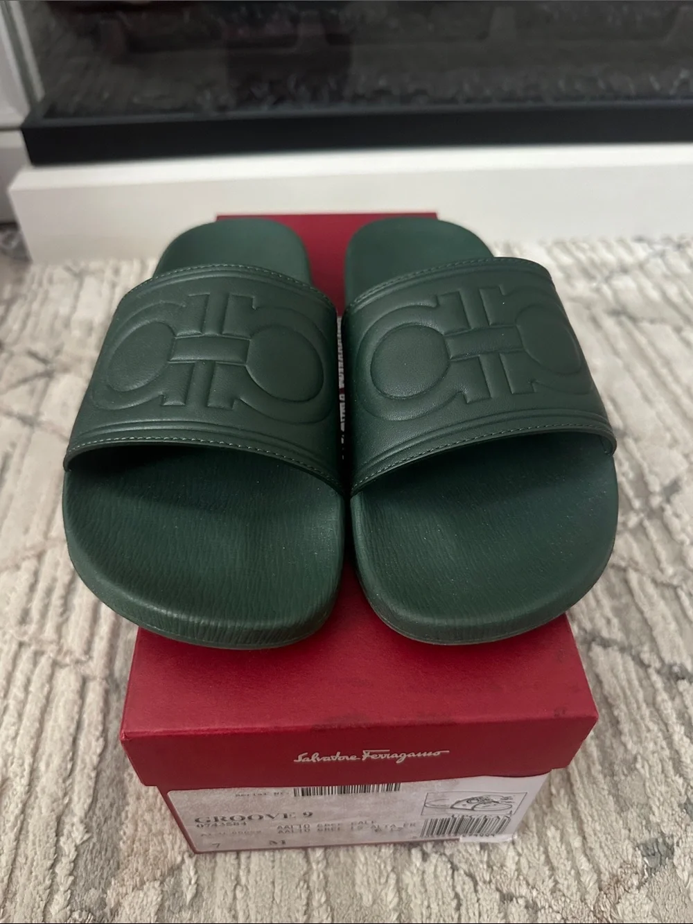 Salvatore Ferragamo Dark Green Logo Slide Sandals